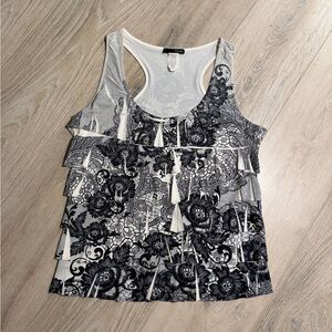 Espresso Monochrome Floral Lace Tank Top with Ruffles